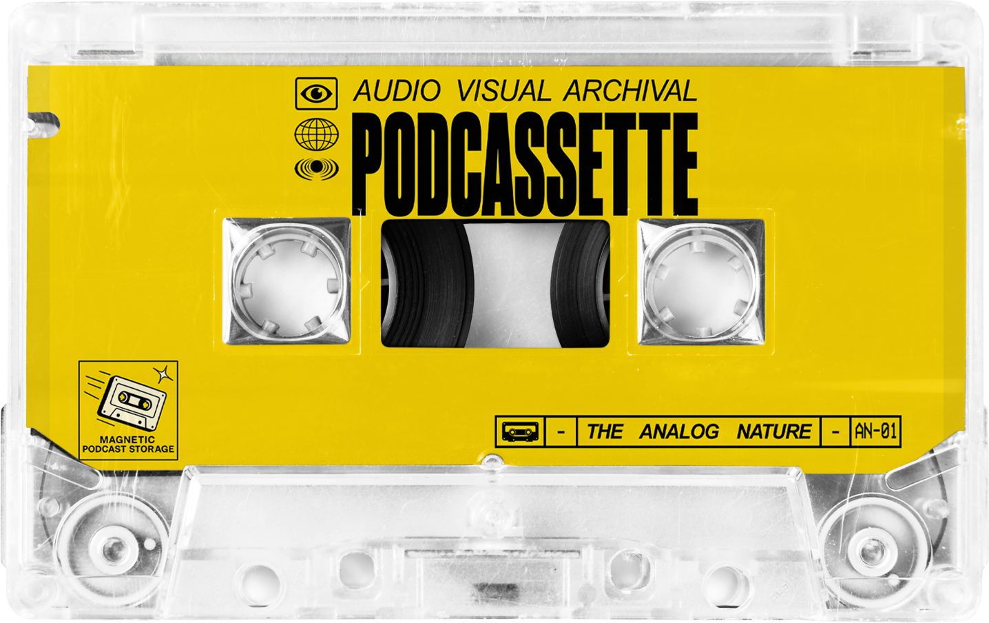 Clear cassette with yellow Podcassette artwork