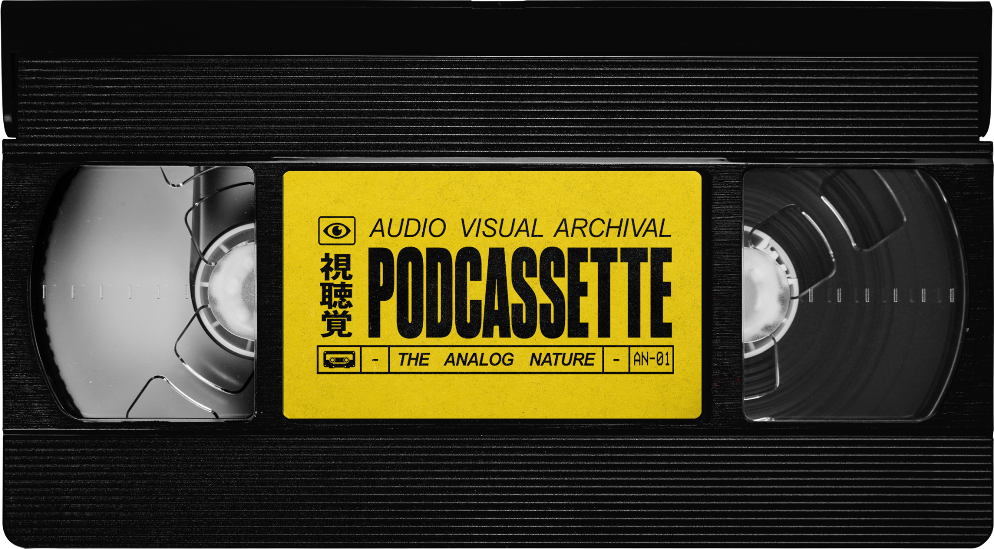 Black VHS tape with yellow Podcassette label